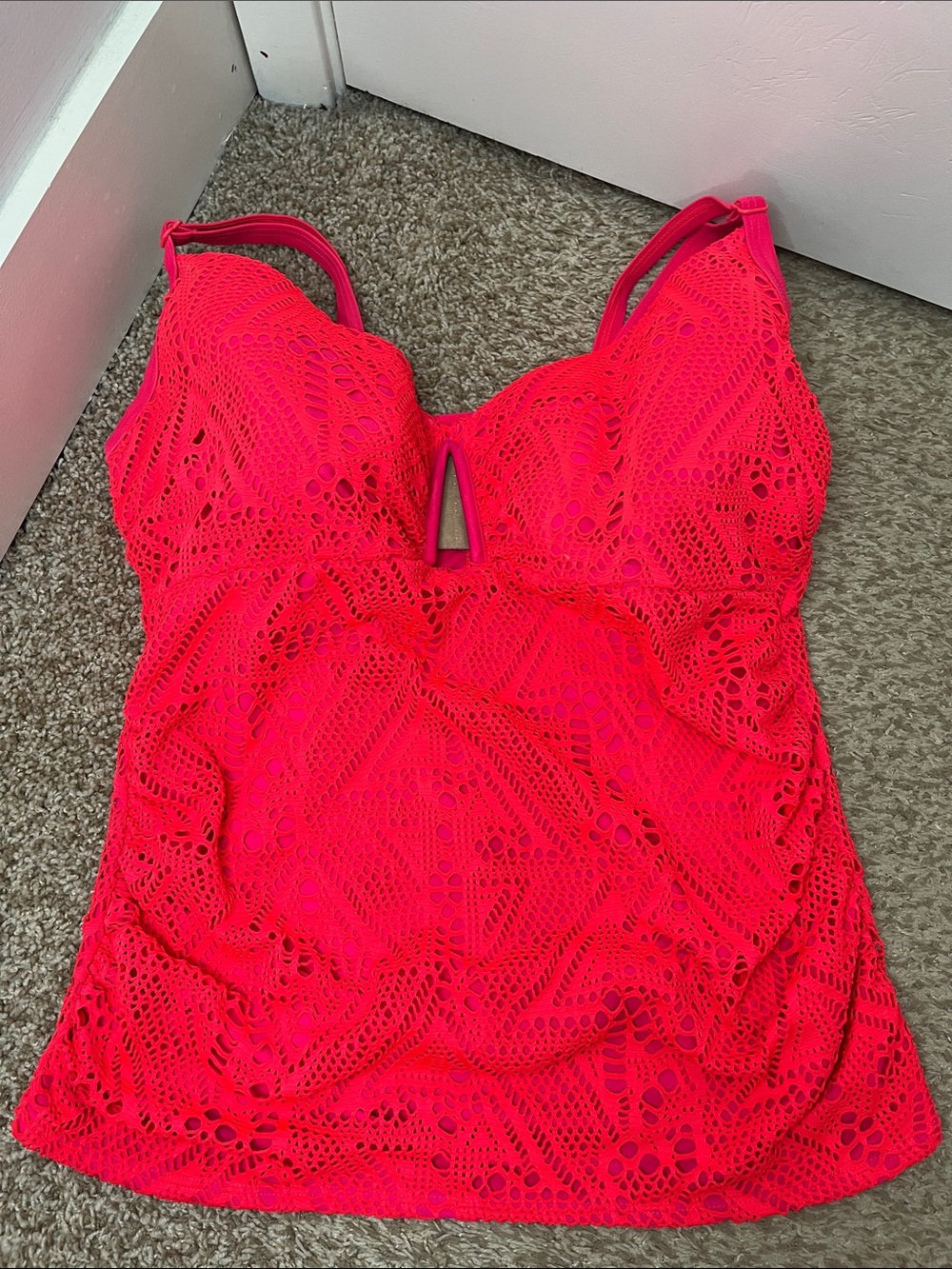 Cacique Hot Pink Crochet Lace Tankini Swim Top - Size 38H